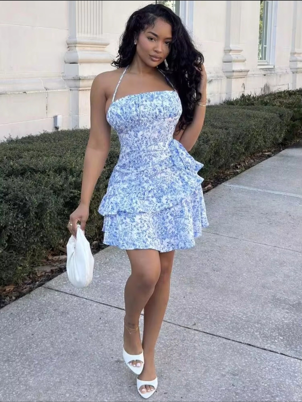 SHEIN Blue Floral Strapless Ruffle Mini Dress